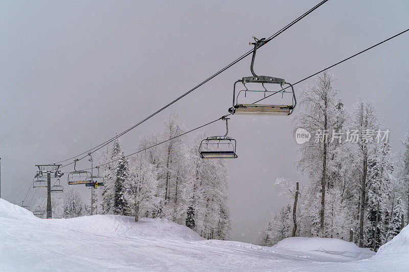 俄罗斯索契Krasnaya Polyana滑雪胜地的滑雪缆车和斜坡。
